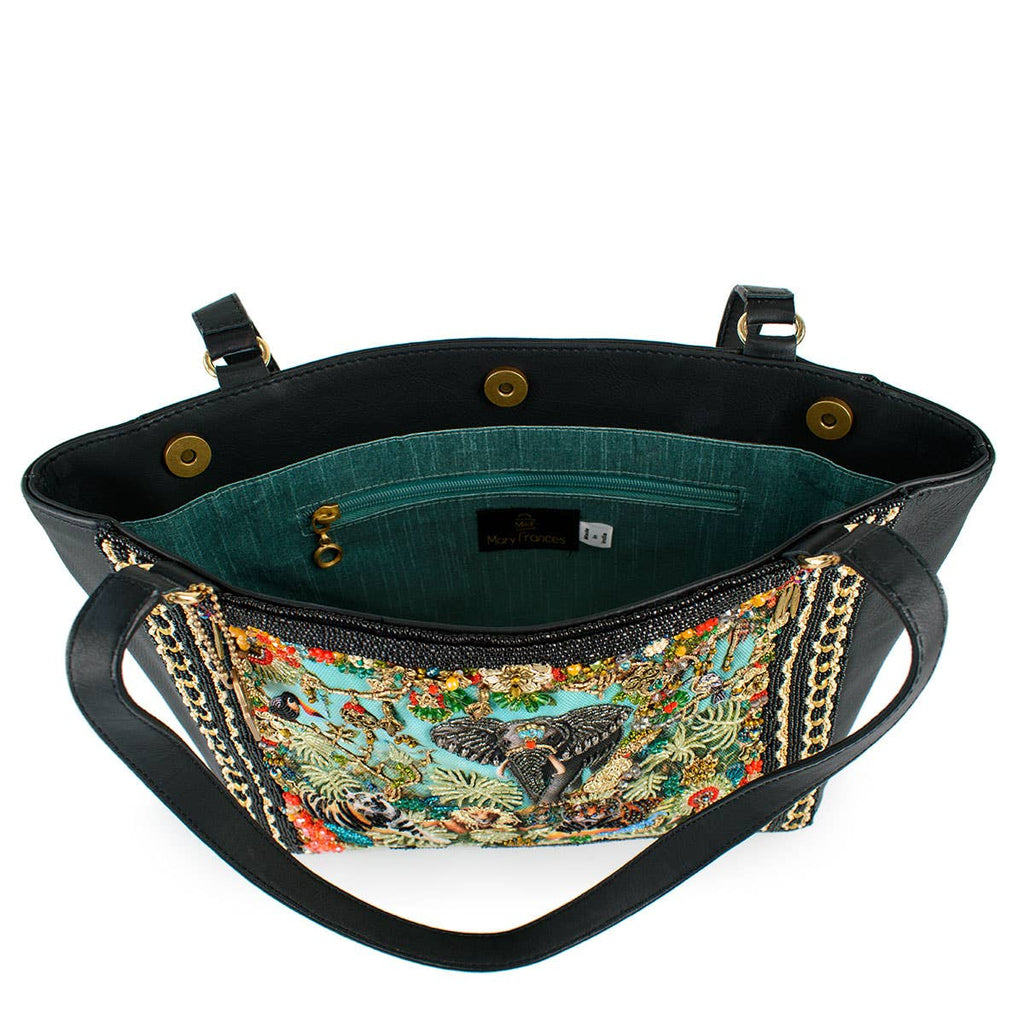 Wild Kingdom Elephant Embroidered and Beaded Tote Handbag