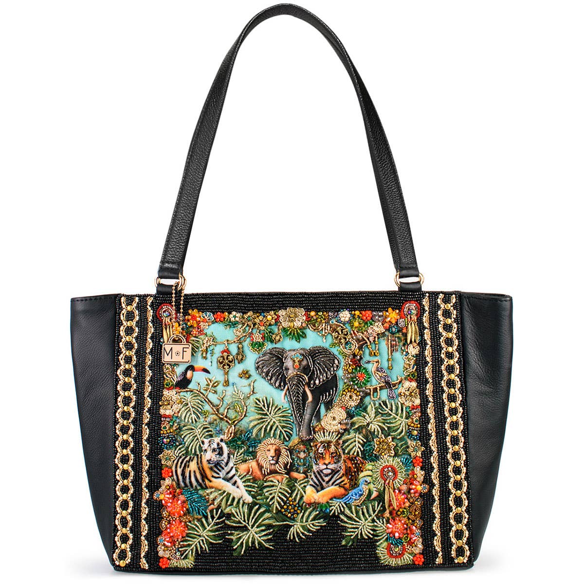 Wild Kingdom Elephant Embroidered and Beaded Tote Handbag