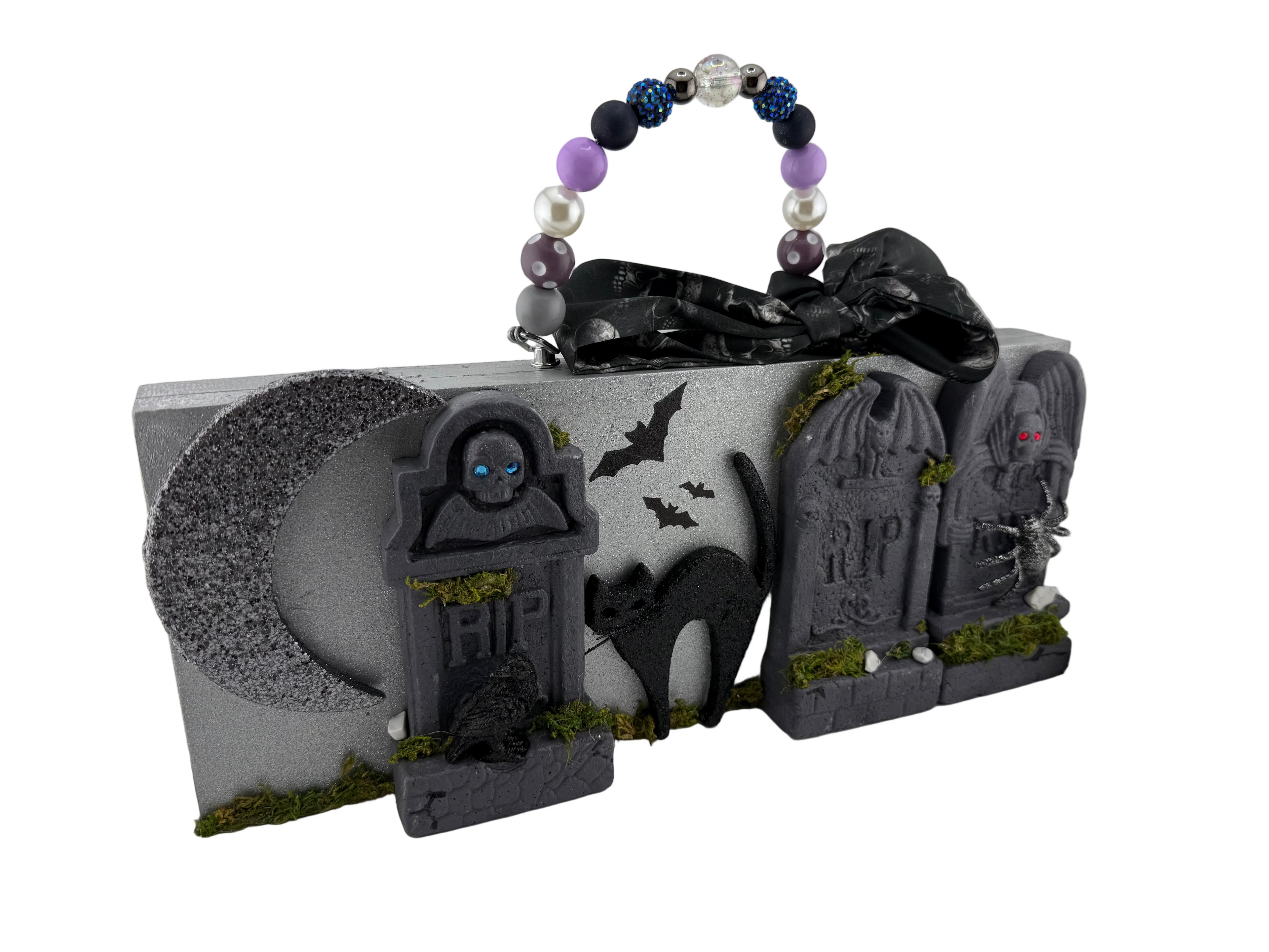 🖤 Graveyard Cat Halloween Cigar Box Purse