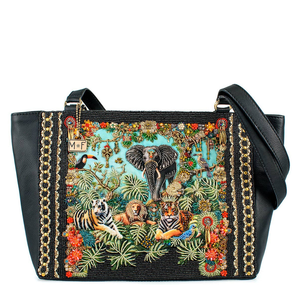 Wild Kingdom Elephant Embroidered and Beaded Tote Handbag